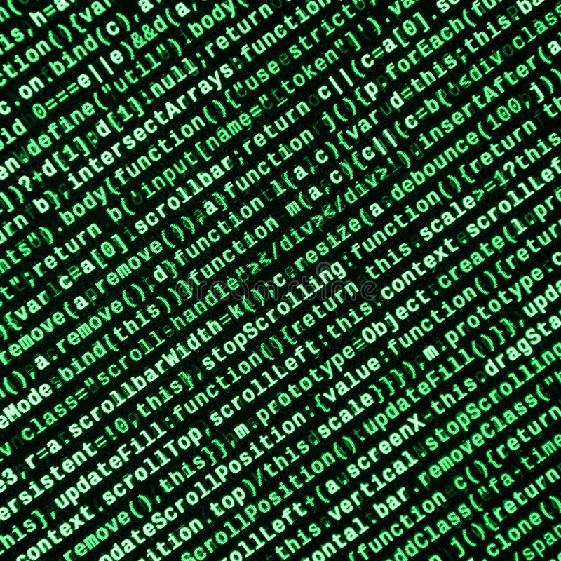 Javascript functions, variables, objects. Monitor closeup of function source code. IT specialist workplace vector illustration