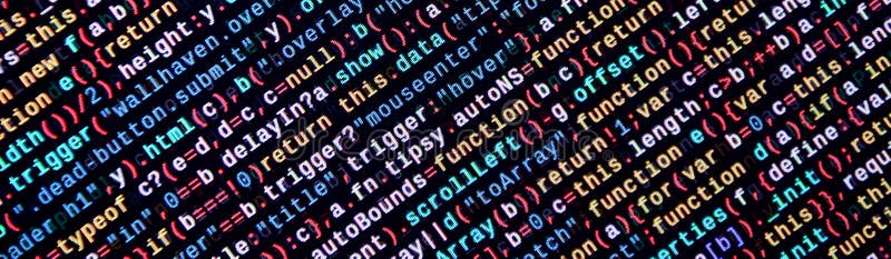 Javascript functions, variables, objects. Monitor closeup of function source code. IT specialist workplace vector illustration