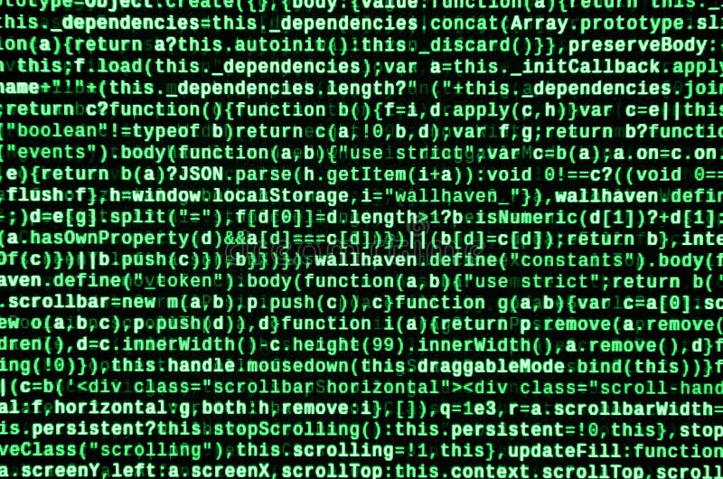 Javascript functions, variables, objects. Monitor closeup of function source code. IT specialist workplace vector illustration
