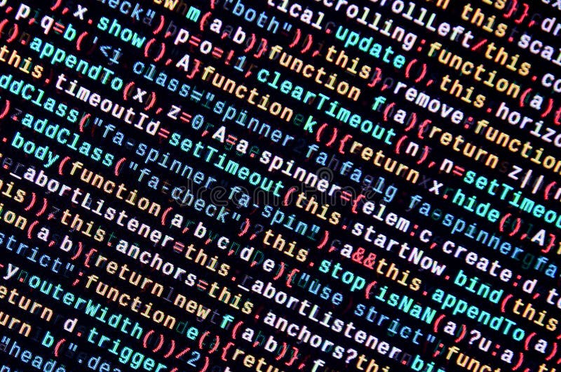 Javascript functions, variables, objects. Monitor closeup of function source code. IT specialist workplace vector illustration