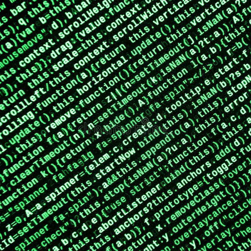 Javascript functions, variables, objects. Monitor closeup of function source code. IT specialist workplace royalty free illustration