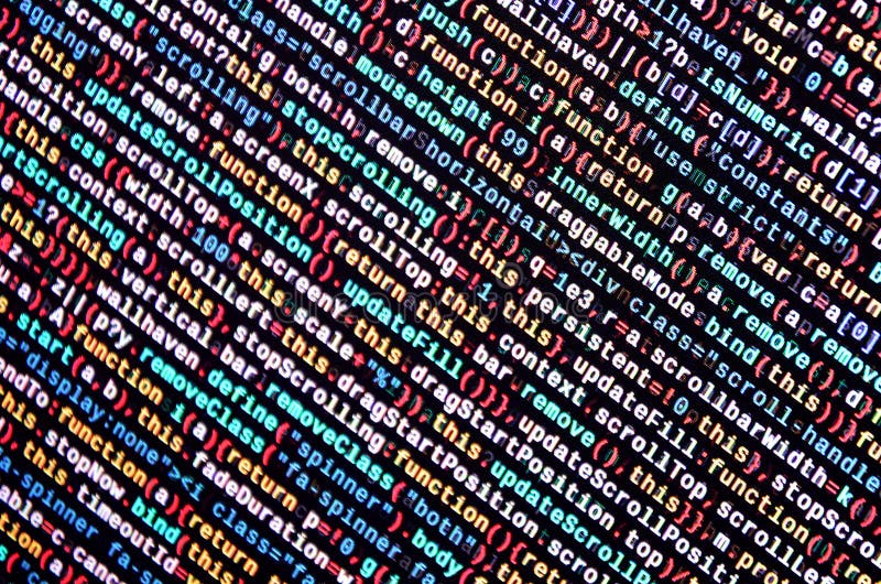 Javascript functions, variables, objects. Monitor closeup of function source code. IT specialist workplace stock illustration