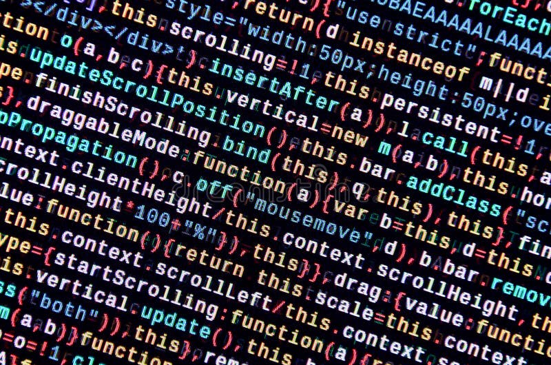 Javascript functions, variables, objects. Monitor closeup of function source code. IT specialist workplace royalty free illustration