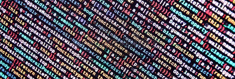 Javascript functions, variables, objects. Monitor closeup of function source code. IT specialist workplace royalty free illustration