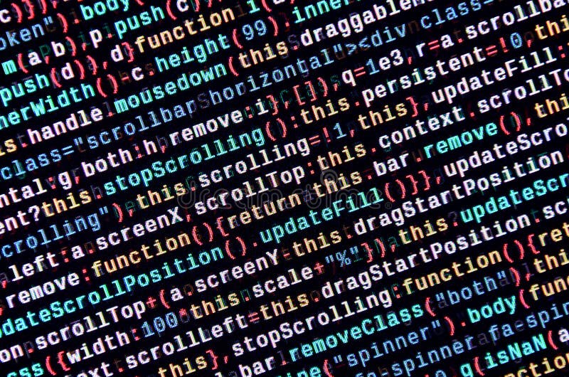 Javascript functions, variables, objects. Monitor closeup of function source code. IT specialist workplace stock illustration