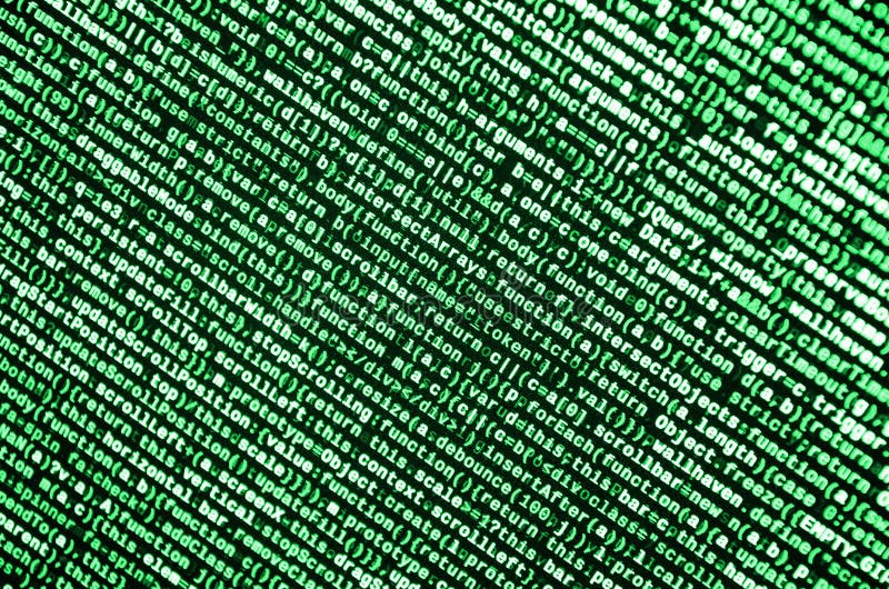 Javascript functions, variables, objects. Monitor closeup of function source code. IT specialist workplace royalty free illustration