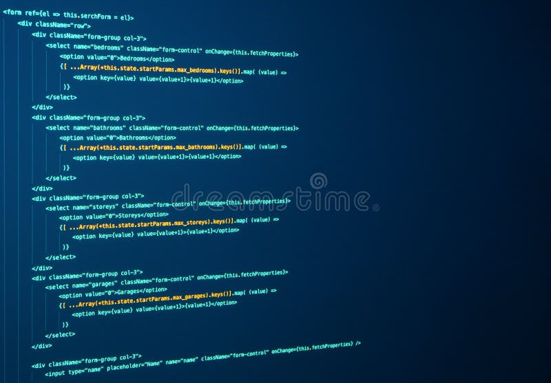 Javascript 网站应用程序代码行。软件开发脚本语言。React 编码 库存图片