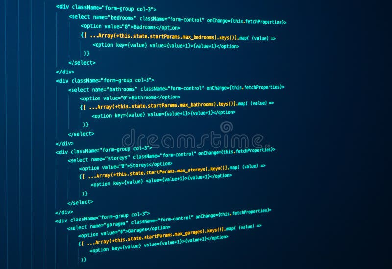 React 编程，计算机语言。Javascript。Java 源代码。屏幕上的编程代码 图库摄影