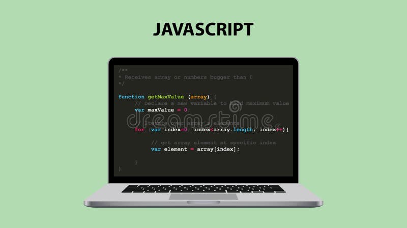 איור של שפת התכנות Javascript עם מחשב נייד וקוד Java Script איור וקטורי