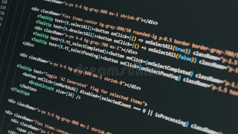 Πλάνο σε κίνηση κώδικα Javascript React σε σκούρα οθόνη για ανάπτυξη εφαρμογών απόθεμα βίντεο