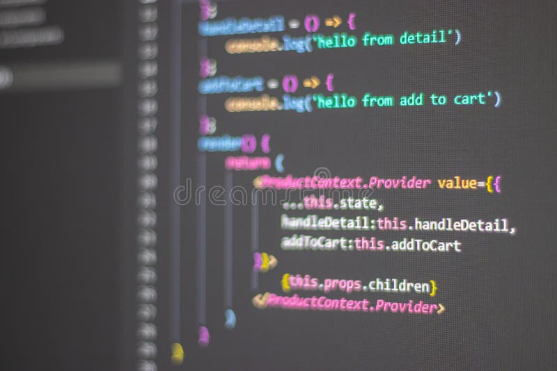 黑色屏幕背景上的编程语言，Javascript React 代码 图库摄影