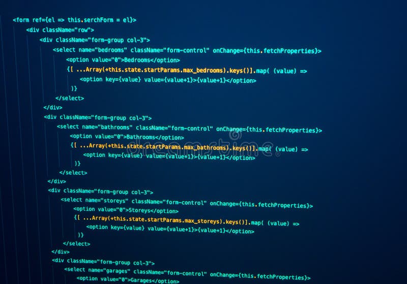 Javascript React 代码。软件源代码。计算机屏幕上的编程代码。技术背景 图库摄影