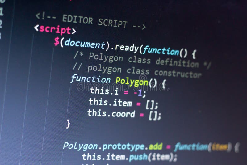 Javascriptcode Computerprogrammierungsquellcode Abstrakter Schirm des Web-Entwicklers Moderner Hintergrund Digitaltechnik Flache Schärfentiefe Kodieren Sie wird geschaffen von mich