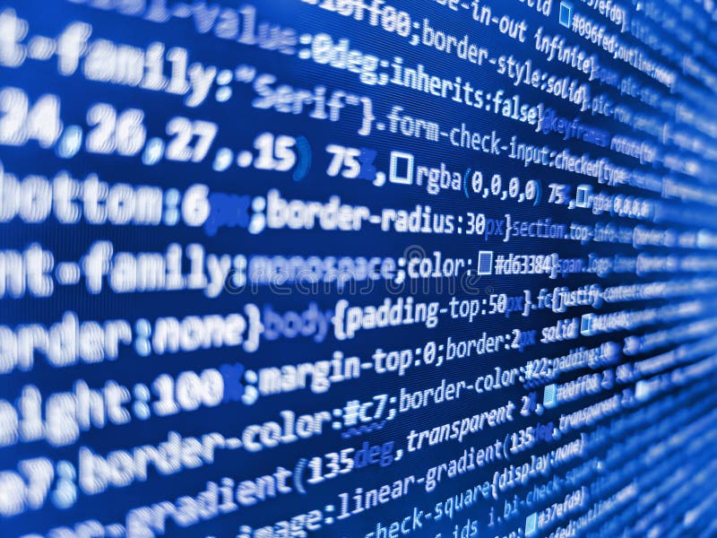 JavaScript、CSS、HTMLのクローズアップ。青、紫、バイオレットの色。ソフトウェア開発者が黒い画面でコードをプログラミング。開発者 ロイヤリティフリーストック写真