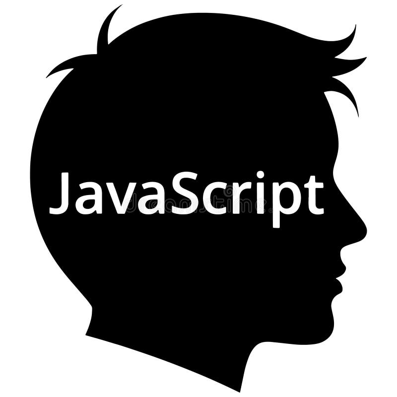 Javascript编程语言标志，一个人头的剪影，带有Javascript文本，编码，软件开发 皇族释放例证