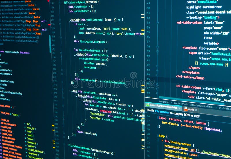 サイトのJavascript、PHP、HTML、CSSプログラムコード。Web開発。プログラマーのワークフロー。ソースコードスクリプト ロイヤリティフリーストック画像