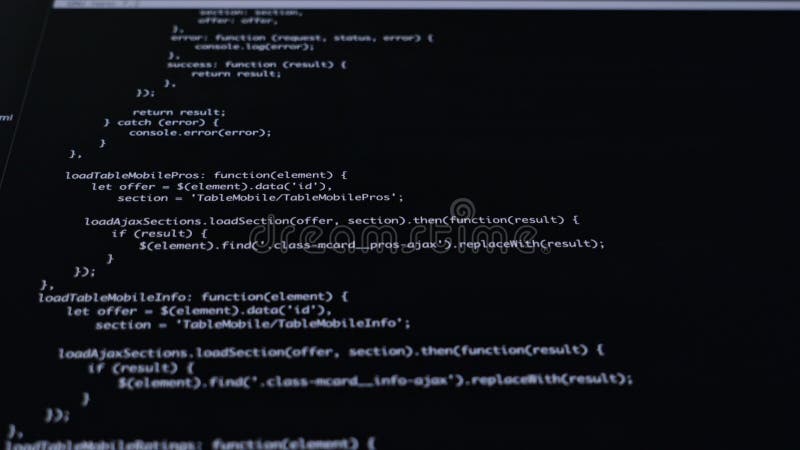 JavaScript编程代码行的特写显示在代表Web开发软件工程和 股票录像