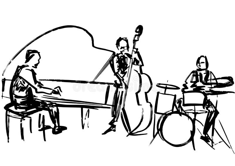 Jazz band: contrabass player, pianist and drummer. stock illustration