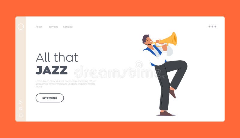 Jazz Band Entertainment, Concert Landing Page Template. Male Character Playing Trumpet or Horn. Music Player