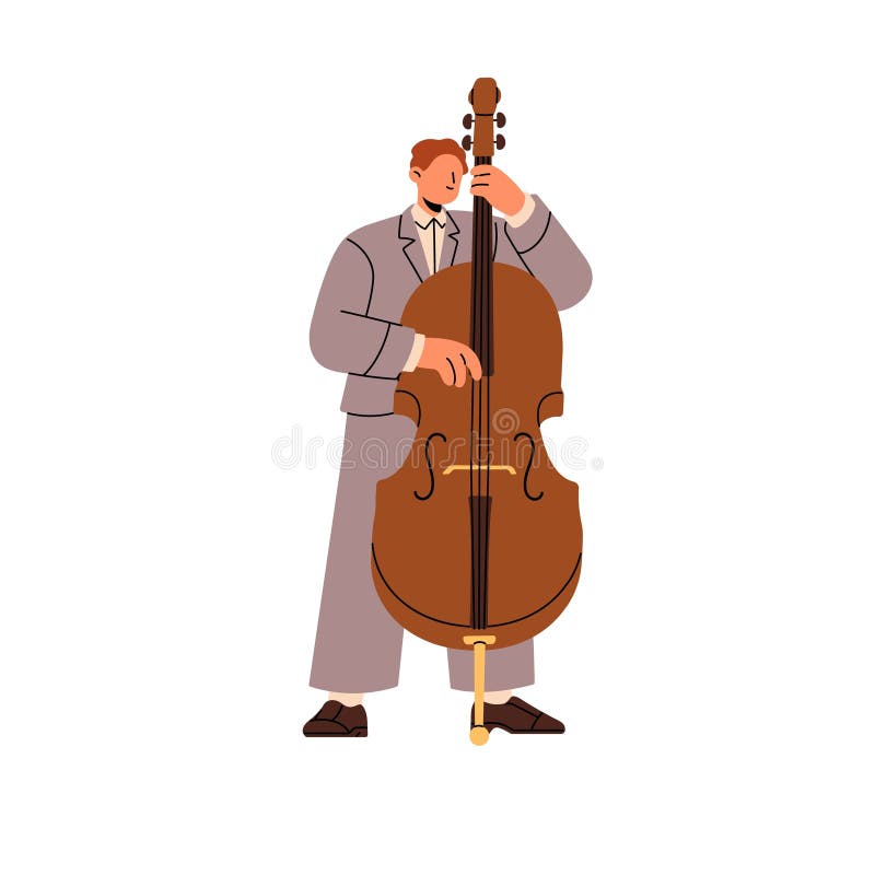 Jazz bassist in suit plays contrabass in blues concert. Professional musician, player performs with double or string royalty free illustration