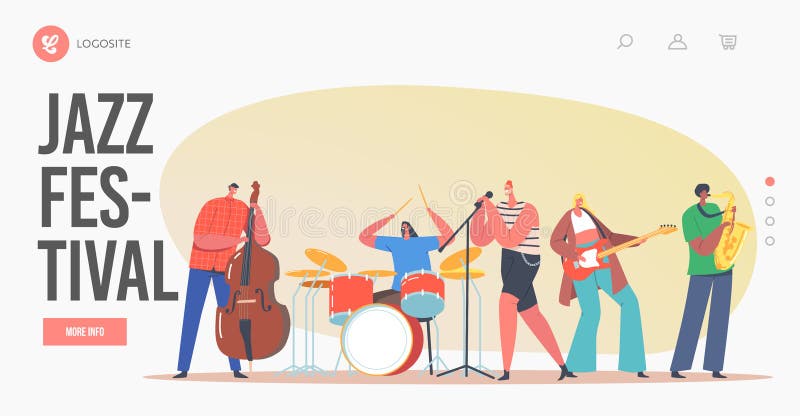 Jazz Festival Landing Page Template. Music Band on Stage Performing Concert. Artists Characters with Musical Instruments vector illustration
