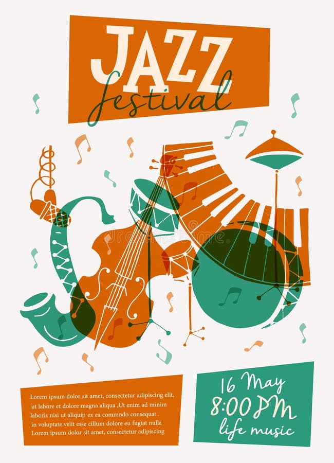 Vector Jazz festival poster template. Saxophone, double bass, piano, trumpet, bass drum and snare drum. Perfect for music events, jazz concerts.