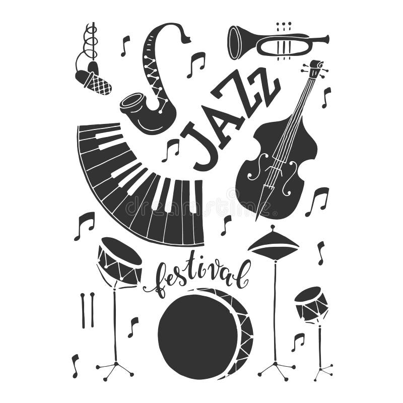 Vector Jazz festival poster template. Saxophone, double bass, piano, trumpet, bass drum and snare drum. Perfect for music events, jazz concerts.
