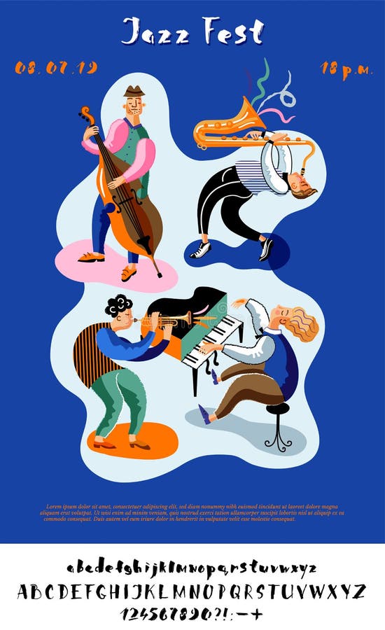 Jazz festival retro vector blue poster with alphabet letters and symbols stock illustration Jazz festival retro vector blue poster with alphabet letters and symbols stock illustration
