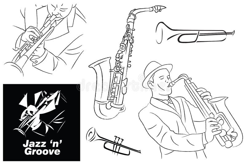 Jazz Groove Sketch, línea arte y elementos ilustración del vector Jazz Groove Sketch, línea arte y elementos ilustración del vector