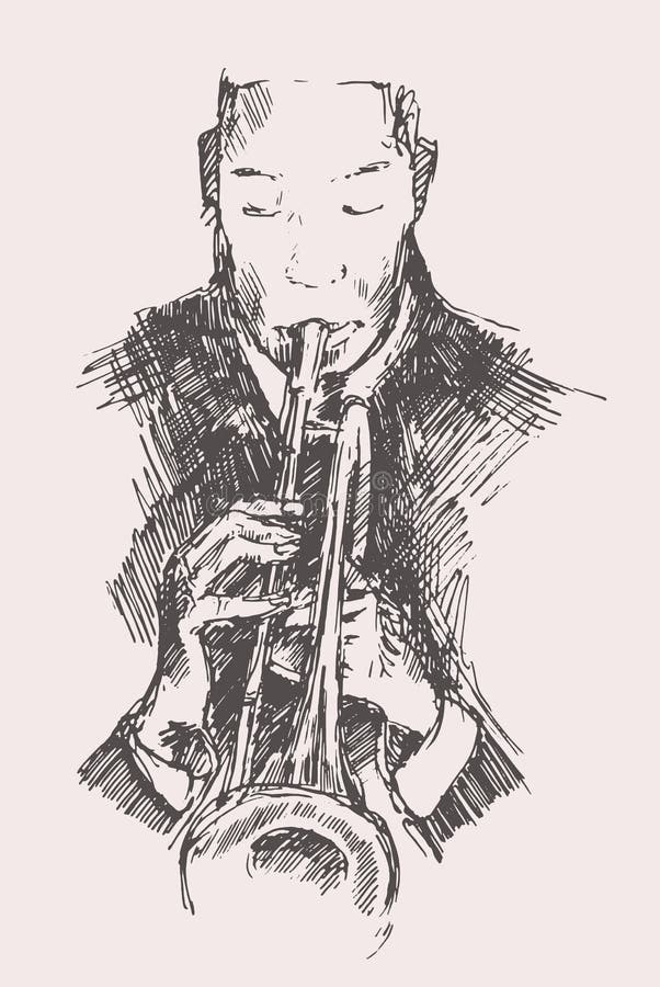 JAZZ Man Playing la trompette tirée par la main, croquis illustration stock JAZZ Man Playing la trompette tirée par la main, croquis illustration stock