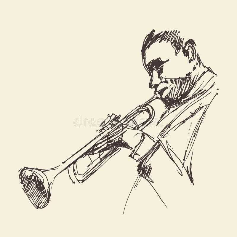 JAZZ Man Playing the Trumpet Hand Drawn, Sketch Stock Vector
