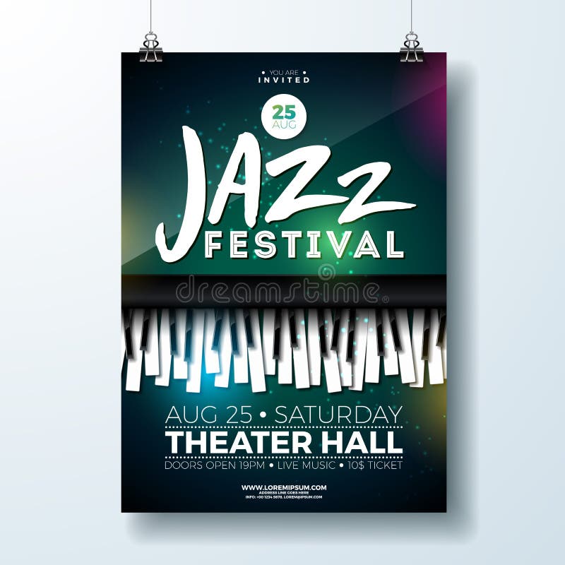 Jazz Music Festival Flyer Design met Pianotoetsenbord op Donkere Achtergrond Het vectormalplaatje van de Partijillustratie voor stock illustratie Jazz Music Festival Flyer Design met Pianotoetsenbord op Donkere Achtergrond Het vectormalplaatje van de Partijillustratie voor stock illustratie