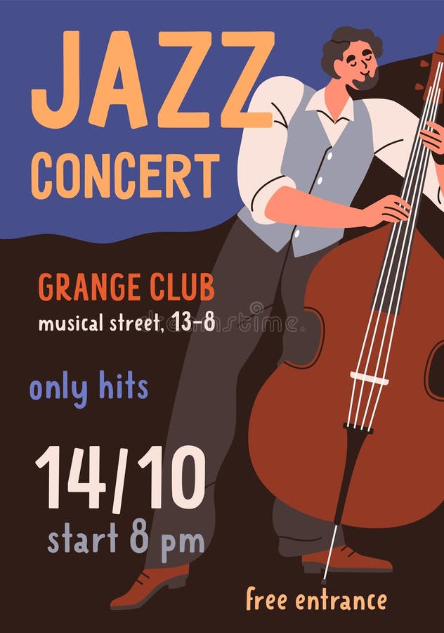 Jazz music poster, double bass player. Concert with contrabass, flyer design. Promotion card, ad placard, advertising stock illustration