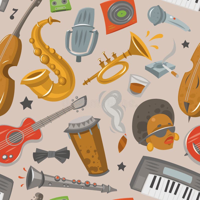Jazz musical instruments tools jazzband music seamless pattern background vector illustration royalty free illustration Jazz musical instruments tools jazzband music seamless pattern background vector illustration royalty free illustration