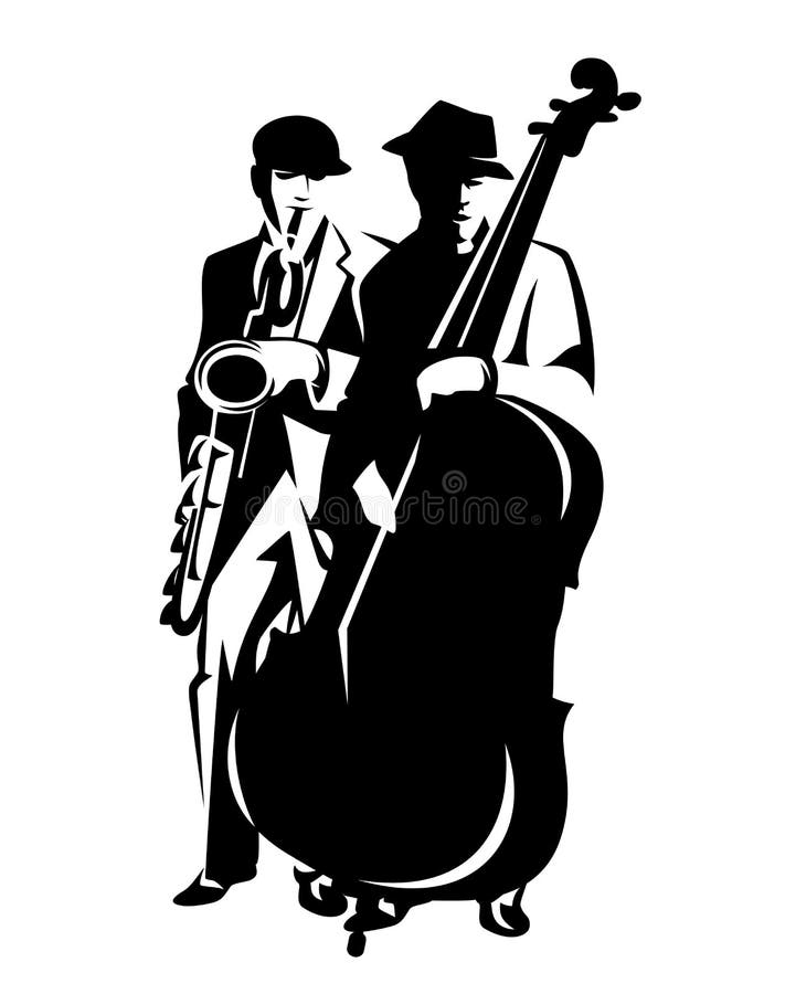 Jazz musicians playing saxophone and contrabass black and white vector outline royalty free illustration