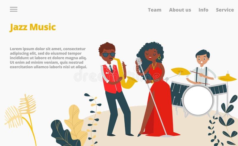Jazz musicisti femmina cantante e musicista jazz band Concerto, lapidazione vignetta vettoriale. strumento musicale royalty illustrazione gratis