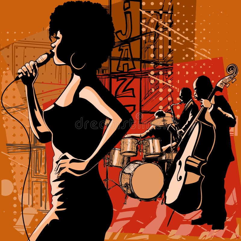 Jazz singer with saxophonist and double-bass player stock illustration Jazz singer with saxophonist and double-bass player stock illustration