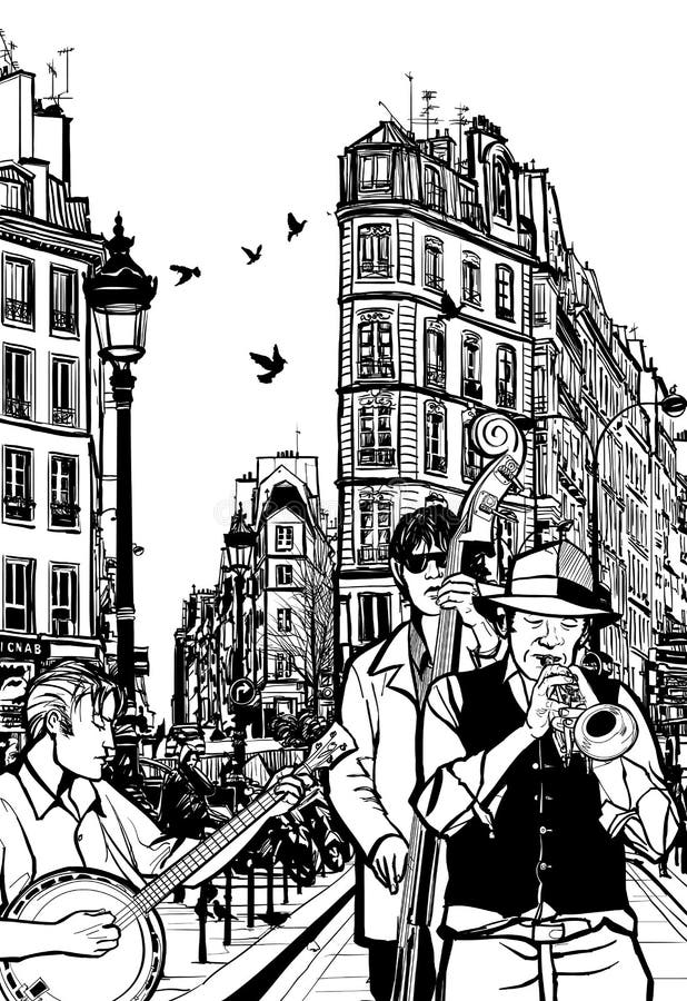Jazzband i en gata av Paris royaltyfri illustrationer Jazzband i en gata av Paris royaltyfri illustrationer