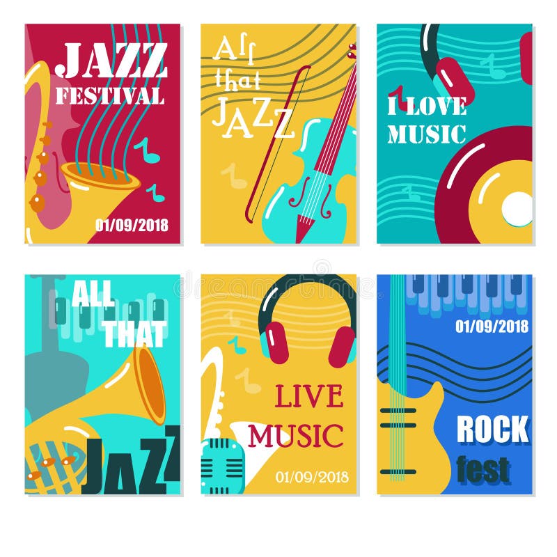 Jazzfestival, för konsertvektor för levande musik affisch, reklamblad, kortuppsättning vektor illustrationer Jazzfestival, för konsertvektor för levande musik affisch, reklamblad, kortuppsättning vektor illustrationer