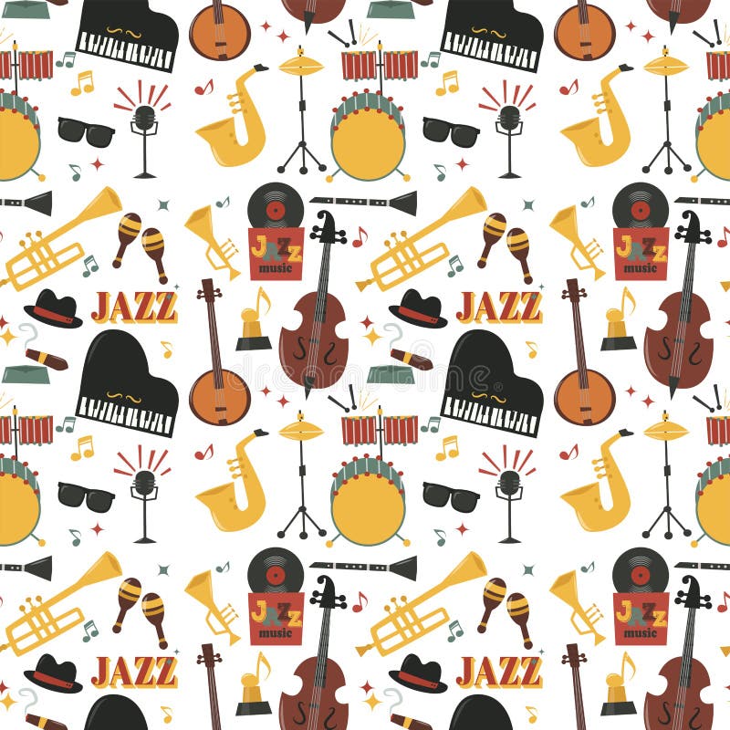 Jazzowego instrumentów muzycznych narzędzi tła jazzbandu wzoru fortepianowego saksofonowego muzycznego bezszwowego dźwięka ilustr royalty ilustracja Jazzowego instrumentów muzycznych narzędzi tła jazzbandu wzoru fortepianowego saksofonowego muzycznego bezszwowego dźwięka ilustr royalty ilustracja
