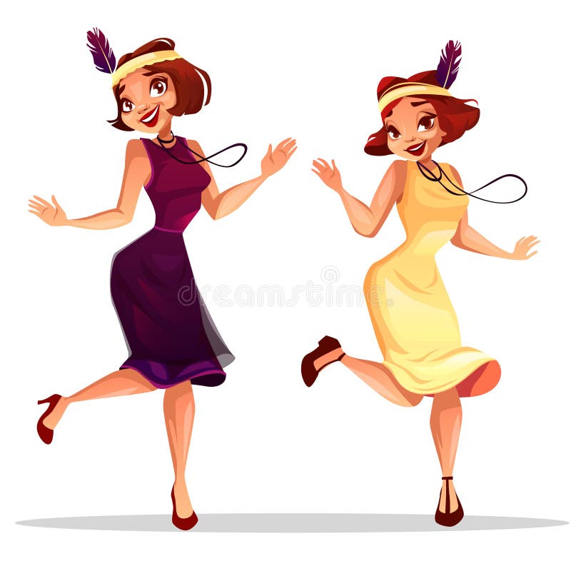 Jazz dancers vector illustration of middle age women dancing charleston or cabaret music performance in retro dress and with vintage jewelry and feather plume on hat. Jazz dancers vector illustration of middle age women dancing charleston or cabaret music performance in retro dress and with vintage jewelry and feather plume on hat.