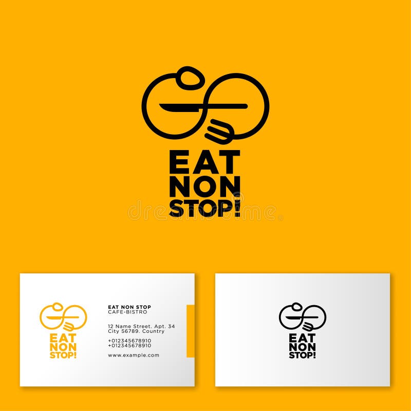 Je Non przerwa logo Cukierniany lub restauracyjny emblemat Łyżka i rozwidlenie jako nieskończoność w żółtym tle royalty ilustracja Je Non przerwa logo Cukierniany lub restauracyjny emblemat Łyżka i rozwidlenie jako nieskończoność w żółtym tle royalty ilustracja