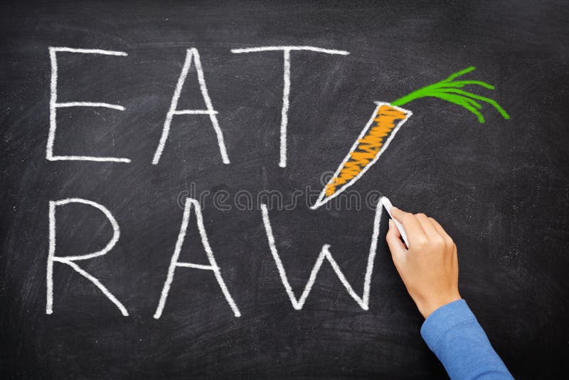 EAT RAW words written on blackboard - new trend in nutrition. The raw food diet consist of eating only uncooked, unprocessed generally vegetables and fruits, often in the form of smoothies and juices. EAT RAW words written on blackboard - new trend in nutrition. The raw food diet consist of eating only uncooked, unprocessed generally vegetables and fruits, often in the form of smoothies and juices.