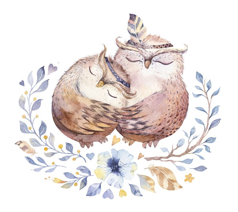 Je t'aime Belle illustration d'aquarelle avec les hiboux, les coeurs et les fleurs doux dans des couleurs impressionnantes Romant illustration libre de droits Je t'aime Belle illustration d'aquarelle avec les hiboux, les coeurs et les fleurs doux dans des couleurs impressionnantes Romant illustration libre de droits