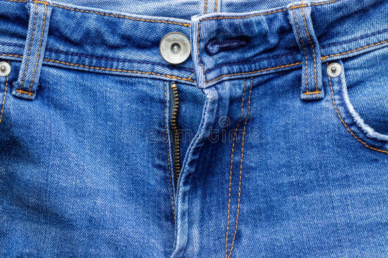 Jeans Front with Zipper Open. Bright Blue Denim Fabric Texture ...