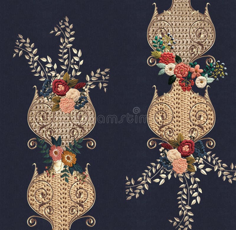 Jeans texturerar broderiblommor royaltyfri illustrationer