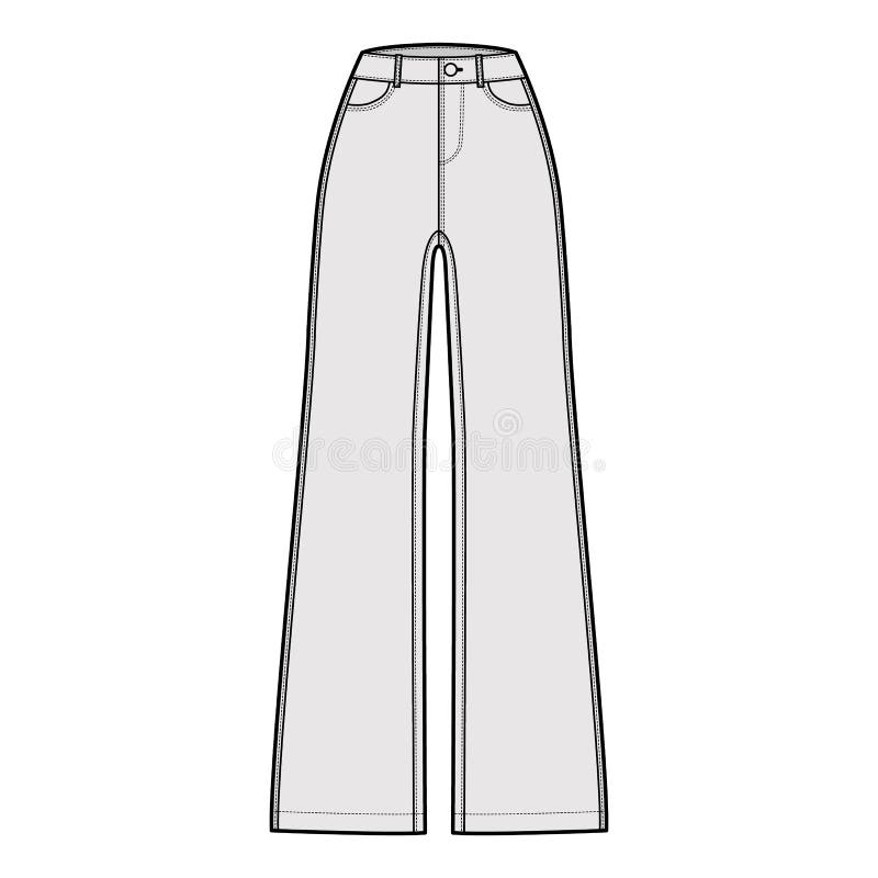 Jeans Wide Leg Denim Pants Technical Fashion Illustration with Full ...