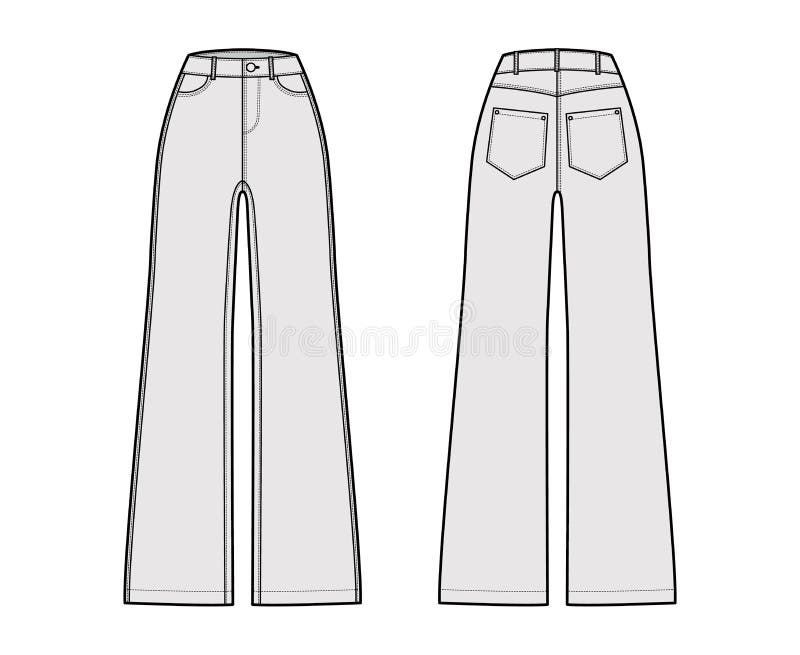 Jeans Wide Leg Denim Pants Technical Fashion Illustration with Full ...