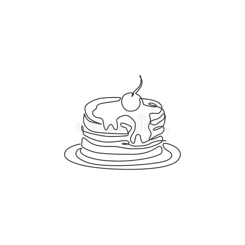 Jeden ciągły rysunek świeżego pysznego naleśnika amerykańskiego z godłem z logo restauracji wiśniowej. logotyp kawiarni śniadaniow ilustracja wektor