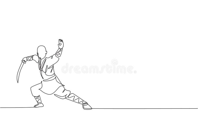Jeden rysunek młodej energicznej szaolin mnich ćwiczyć kung fu walcząc z mieczem na ilustracji wektora świątyni. ilustracja wektor